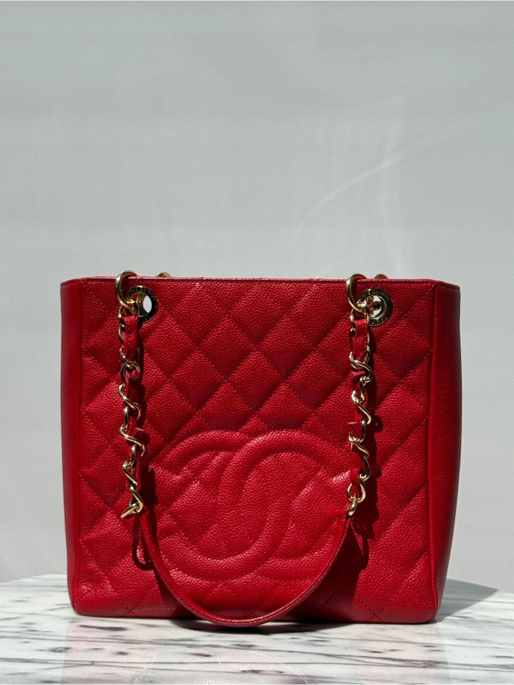 CHANEL Vintage Cherry Red Caviar Quilted Leather Tote with Gold Chain-Strap